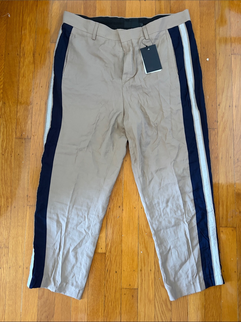 ASOS Beige Straight-Leg Pants with Navy & White Side Stripes